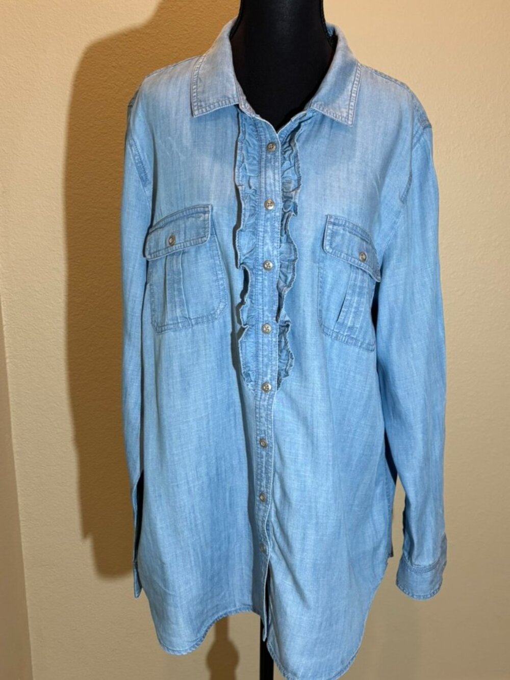 Talbots Ladies Blue Denim Button Down Ruffles Long Sleeve Shirt Top Size XL